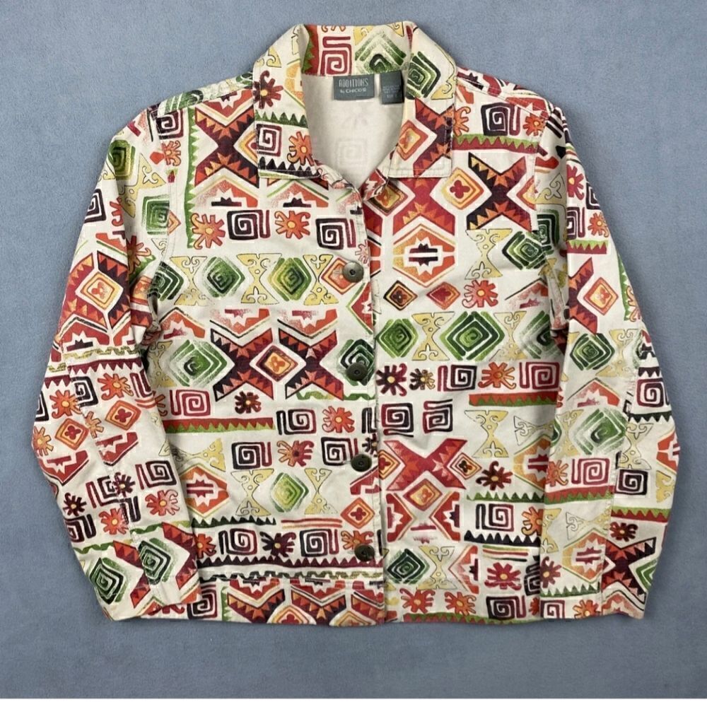 Additions By Chicos Jacket Women’s Size 2 Orange Colorful Canvas Aztec Tribal